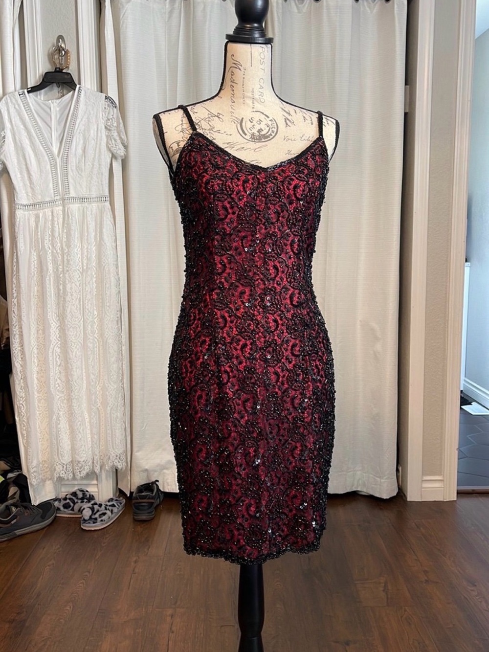 Oleg Cassini Red Lace Midi Dress with Black Beaded Overlay